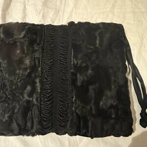 Vintage Black Lamb FUR SATIN MUFF Hand Warmer Bag Clutch Wristlet,Zip Wedding+